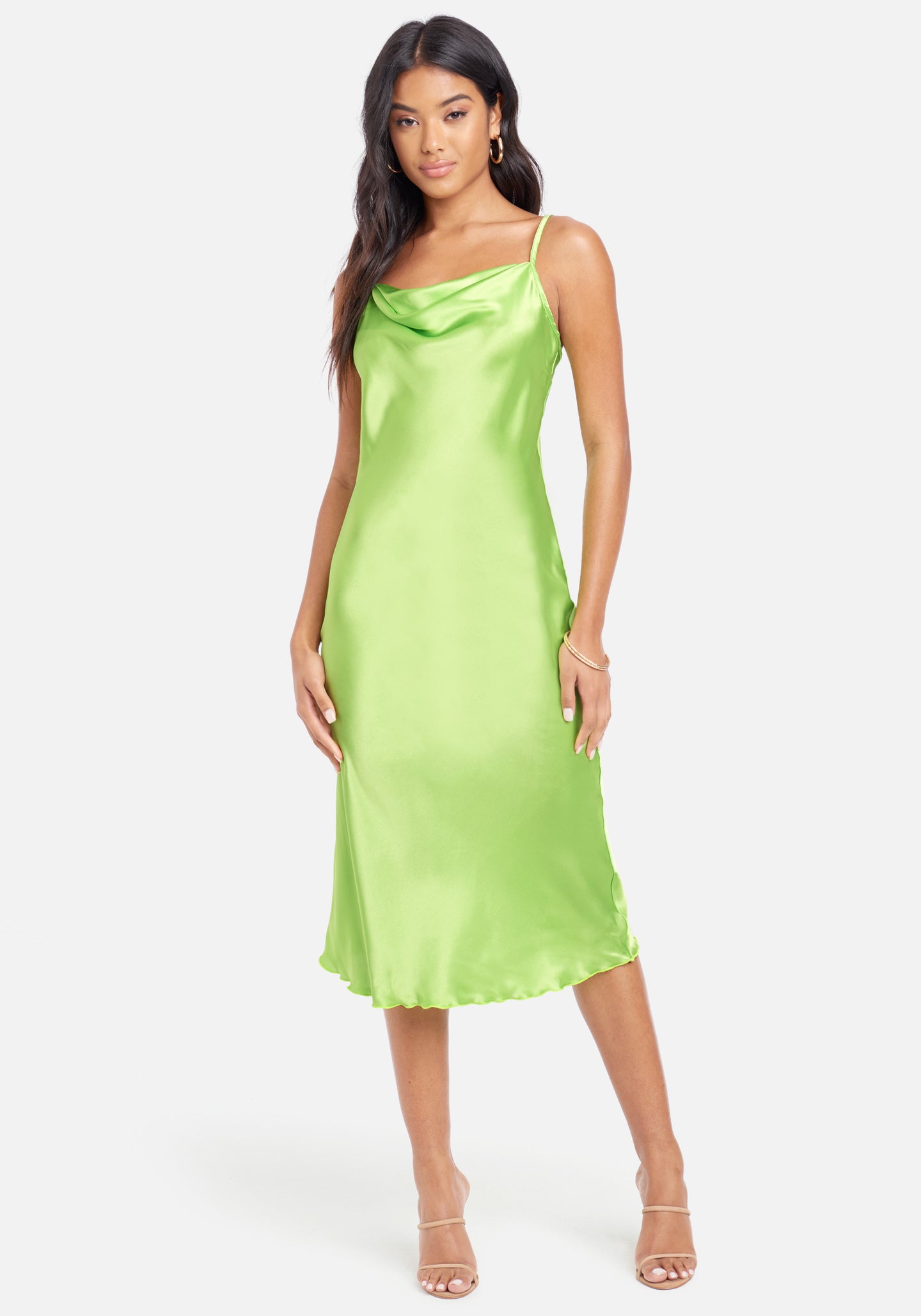 Satin Cowl Neck Slip Midi Dress | bebe